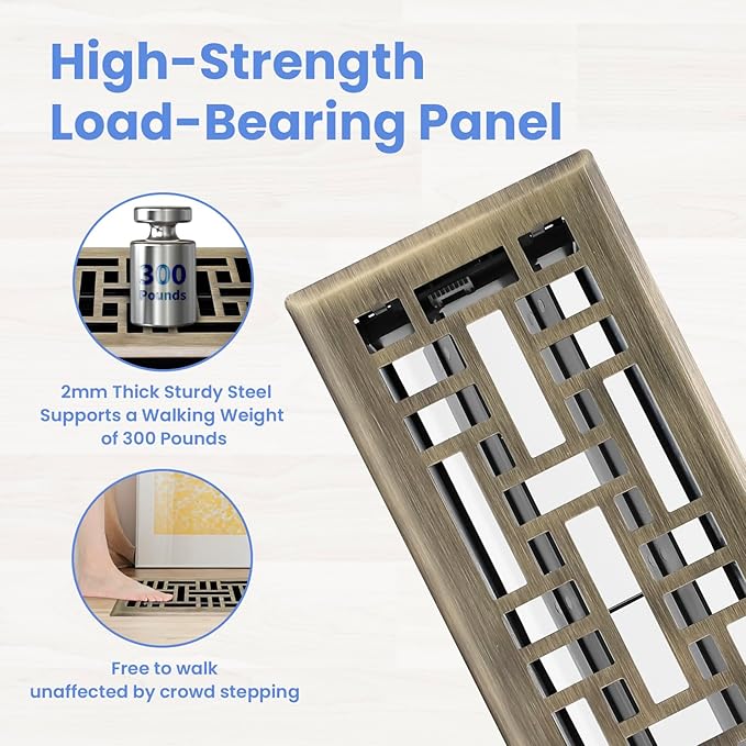 4x12 Inches 2 Pack Heavy Duty Walkable Floor Register Easy Adjust Air Supply Lever Floor Vents - Seattle Design - Vent Cover for Home Floor - Antique Brass