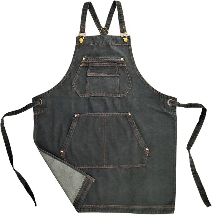 CACHIL Denim Apron with Pockets, Cross Back Apron for Men Women, Jean Work Aprons for Hairstylist Barber Grilling Gardening