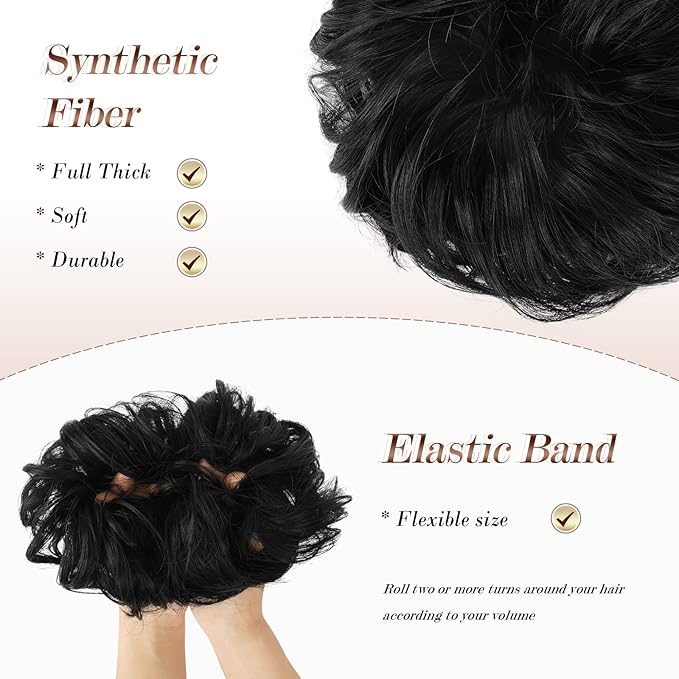 FESHFEN Large Messy Bun Hair Piece - Wavy Synthetic Chignon Scrunchies Elastic Ponytail Hair Extensions Thick Hairpieces for Women, Off Black 1.94oz