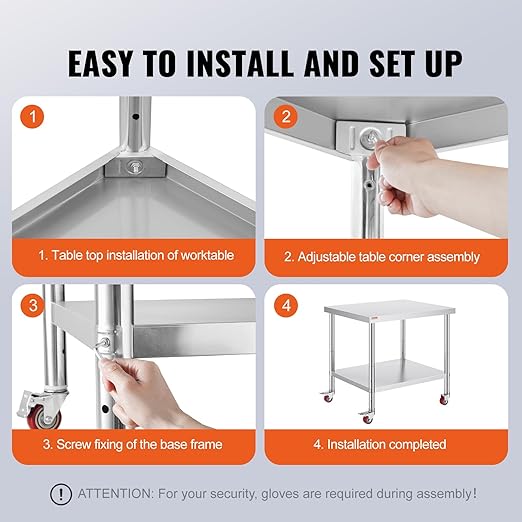 Vevor 30x36x34 Inch Stainless Steel Work Table 3-Stage Adjustable Shelf with 4 Wheels Heavy Duty Commercial Food Prep Worktable with Brake for Kitchen Prep Work