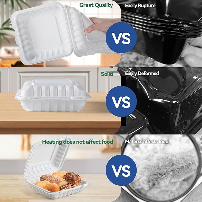 To Go Containers 8" 34 oz 55 Pack - Shrink Wrap BPA Free Mineral Filled PP | Reusable Dishwasher & Microwave Safe | Reusable Stackable Clamshell Takeout Picnic | White Catering Food Container