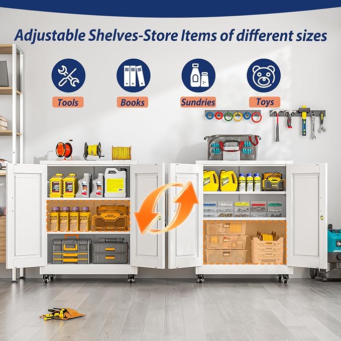 Metal Storage Cabinet-35” Tall Steel File Cabinets with Lockable Doors and Adjustable Shelves, Steel Tool Cabinet with Wheel for Home, School, Office, Garage White