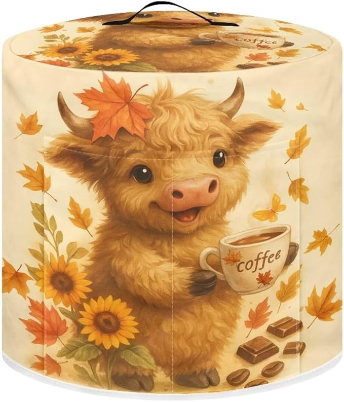 Thanksgiving Day Decor Kitchen Appliance 3 Quart Pressure Cooker Air Fryer Rice Cooker Dust Cover with Top Handle and Storage Pocket Maple Leaf Cute Highland Cow
