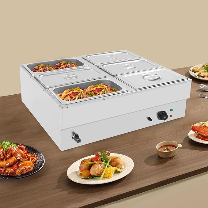 6-Pan Commercial Food Warmer 10.6Gal Electric Steam Table Stainless Steel Bain Marie Buffet Food Warmer Countertop with Temperature Control Lid for Catering and Restaurants(6-Pan)