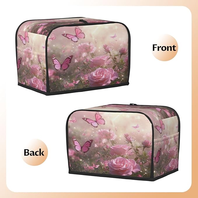 2 Slice Toaster Cover for Kitchen Spring Butterfly Rose Garden Waterproof and Dustproof Toaster Dust Cover with Side Pockets Decorative Universal Cover for Wide Slot Toasters and Small Appliances