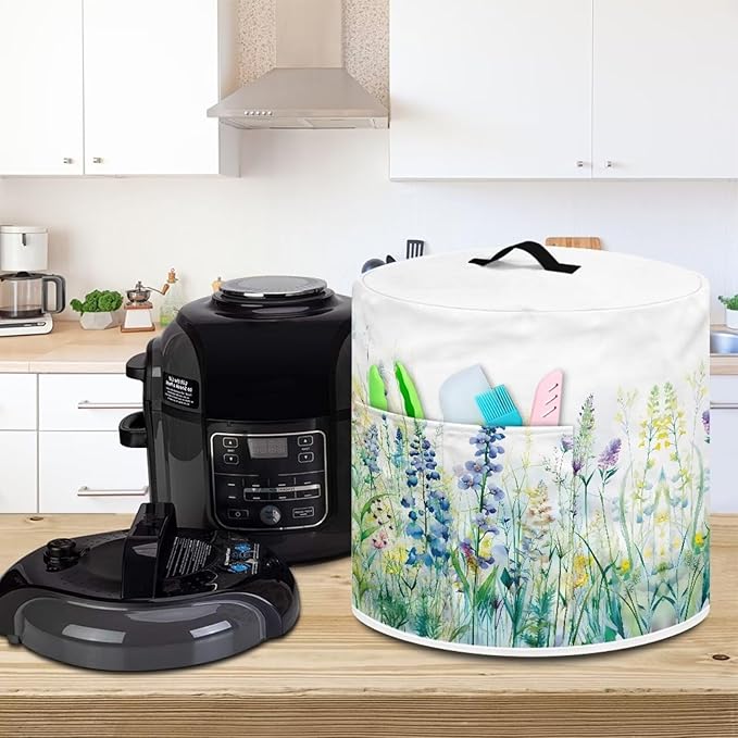 Insulated Pressure Cooker Appliance Cover, Also Fit for Rice Cooker, Air Fryer and Crock Pot, 3 Qt Dust Cover with Pocket for Spoon/Cooking Utensils/Recipes, Blue Green Floral