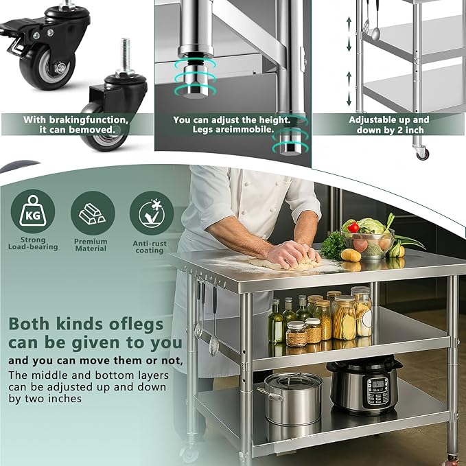 Stainless Steel Table with Wheels for Food Preparation and Work, Multi-Size Optional, Three-Layer Variable Two-Layer Metal Commercial Workbench Outdoor, Restaurant, Kitchen (40" Lx24 Wx34 H)