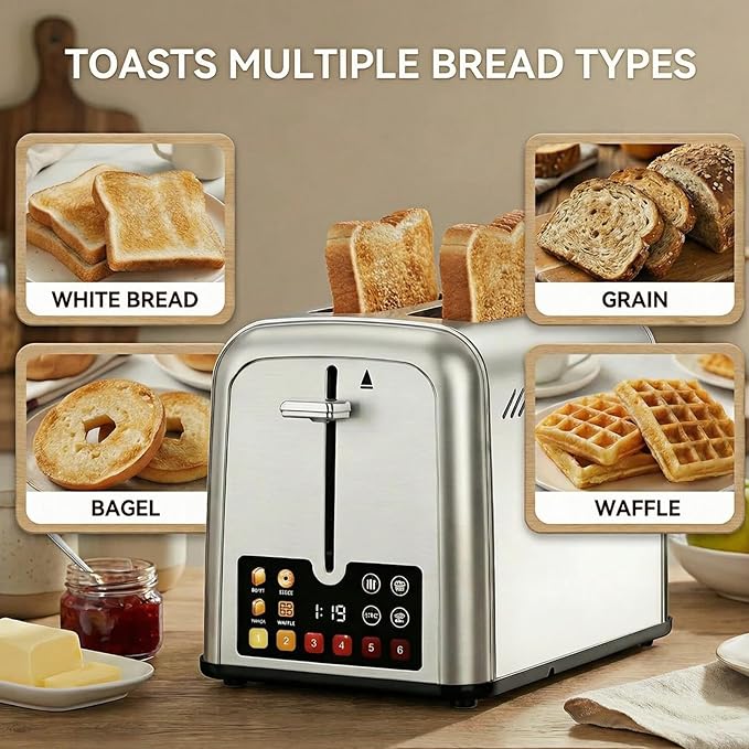 Touch Screen Toaster 2 Slice Retro Stainless Steel,Best Prime 2 Slice Toaster Wide Solt with 6 Shade Settings, Perfect for Waffles, Bagels and More 238TCB(Two slice)