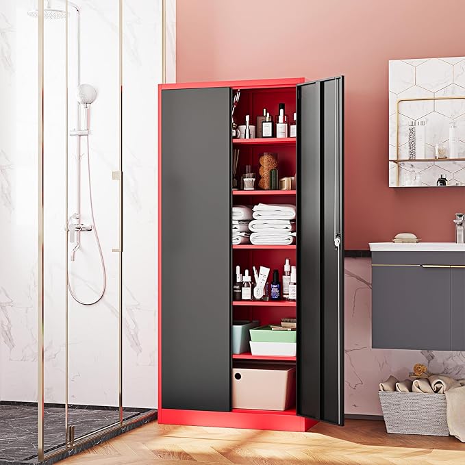 Metal Storage Cabinet-71” Tall Steel File Cabinets with Lockable Doors and Adjustable Shelves-Black&Red Steel Storage Cabinet for Home,Kitchen, School, Office, Garage