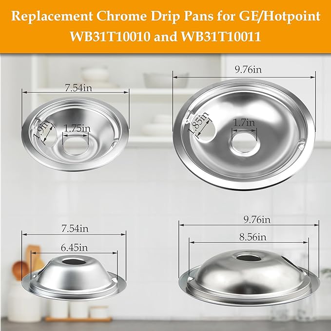 4 Pack (2) 6" & (2) 8" Electric Stove Burner Covers, Drip Chrome Pan Set Replacement for GE/Hotpoint WB31T10010 and WB31T10011
