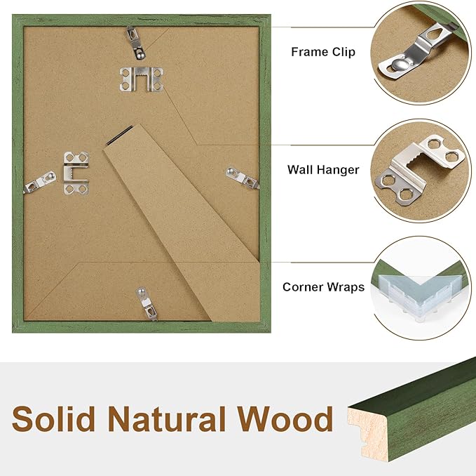 Vittanly 8x10 Picture Frame, Solid Wood Frame with Plexiglass, Includes 5x7 Mat, Wall Hanging or Tabletop for Home Decor, Rustic Green, 1 Pack