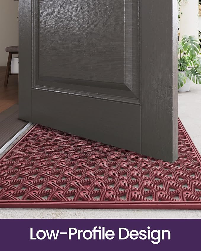DEXI Front Door Mat Outside Entrance Rubber 19x30, Welcome Floor Doormat Heavy Duty Non Slip, Dirt Trapper Waterproof Exterior Entry Mats All Weather for Patio Entryway Drainage, Red