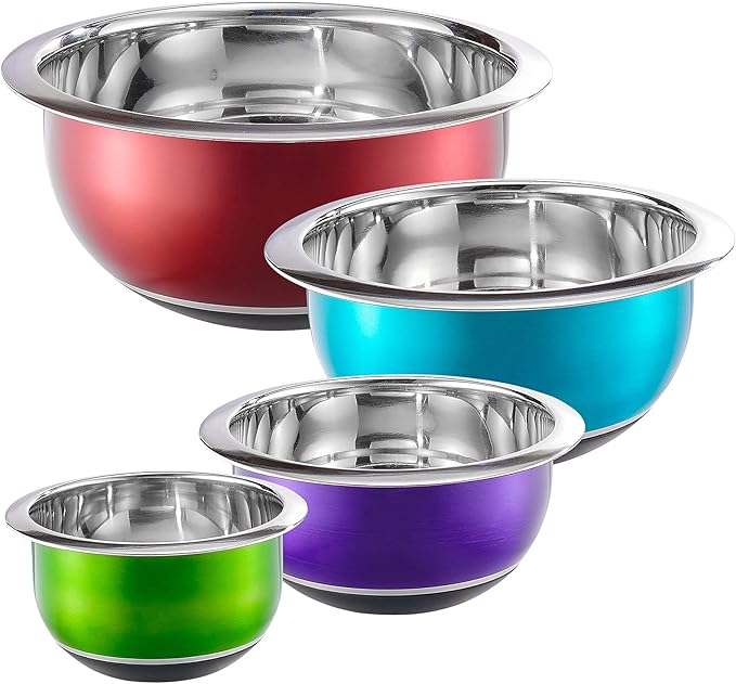 Colorful Mixing Bowl- 4 Pc Set- Stackable Nesting Bowls- Stainless Steel Mixing Bowls Non Slip Silicone Bottom- Cookware Set