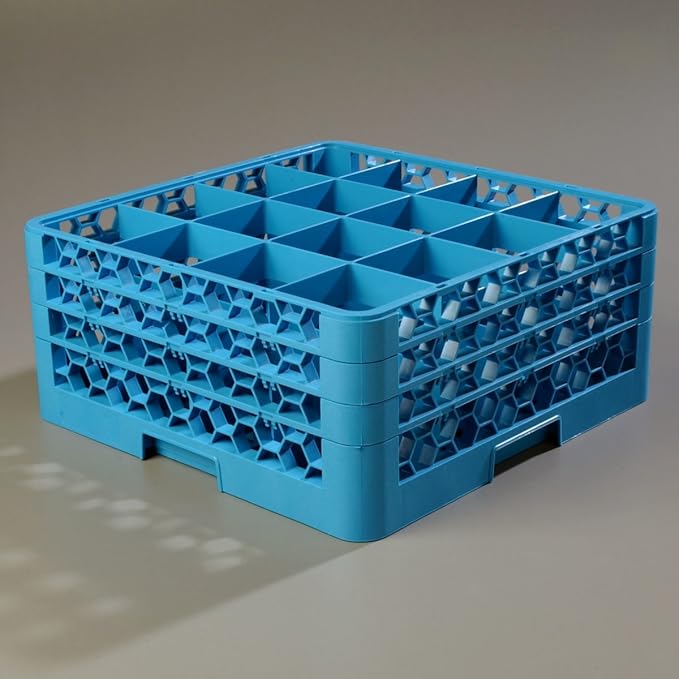 Carlisle FoodService Products Opticlean Glass Rack 16 Compartments with 3 Extenders for Kitchens and Restaurants, Plastic, 19.875 x 19.875 x 8.5 Inches, Carlisle Blue
