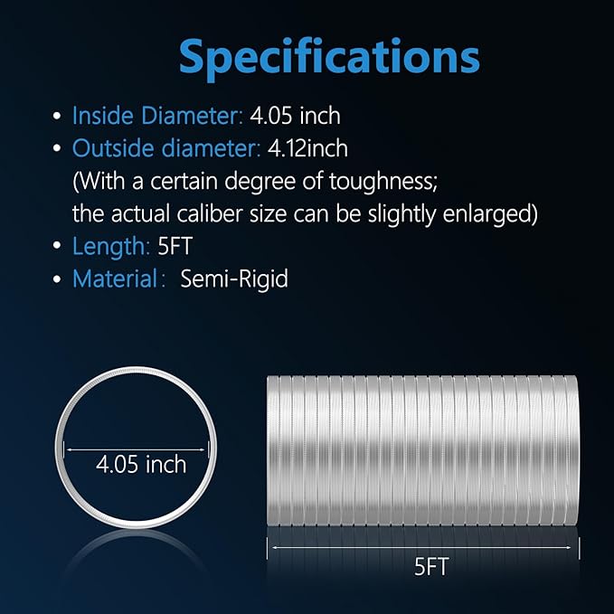 Hon&Guan 4-inch Semi Rigid Dryer Vent Hose, 5 Feet Flexible Aluminum Duct with 2 Clamps, and Aluminum Foil Tape