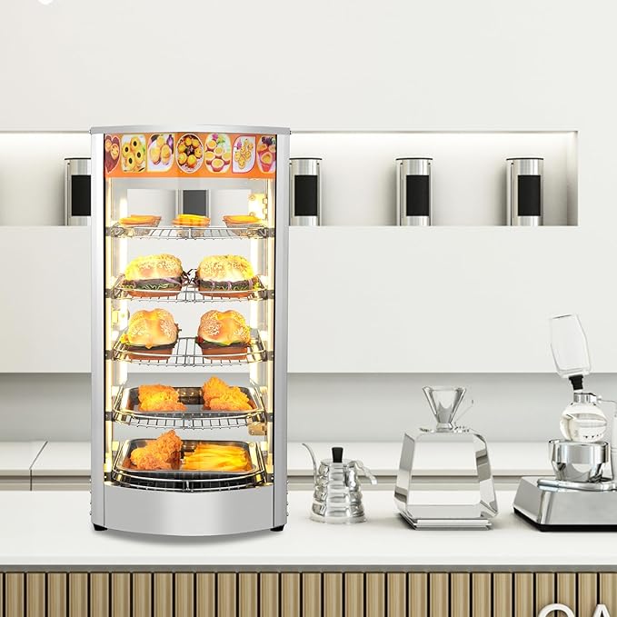 ROVSUN 5-Tier Commercial Food Warmer Pizza Warmer Countertop, Food Warmer Display with LED Lighting Removable Shelves Glass Door, Pretzel Warmer for Buffet Restaurant Cafe, 110V 800W