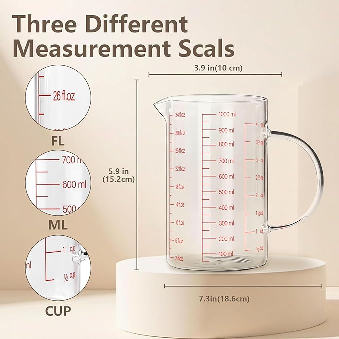 WhiteRhino 4Cup/1000ML Glass Liquid Measuring Cup With Handle,High Borosilicate Glass Three Scales (OZ, Cup, ML/CC) for Kitchen or Restaurant, V-Shaped Spout Glass Measuring Beaker,Easy To Read(34oz)