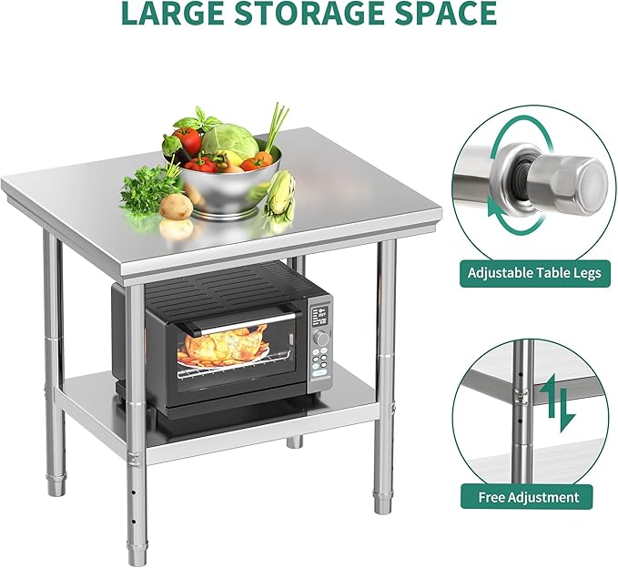 YITAHOME NSF Stainless Steel Table, 30" X 24" Work Table, 2 Shelves Metal Prep Worktable for Home Kitchen Restaurant Garage Warehouse Outdoor