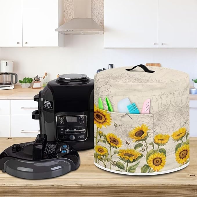 Air Fryer Pressure Cooker Dust Cover, for 3 Qt Kitchen Appliance Cover, with Top Handle and Accessories Pockets for Home Decoration, Sunflower Dragonfly Retro