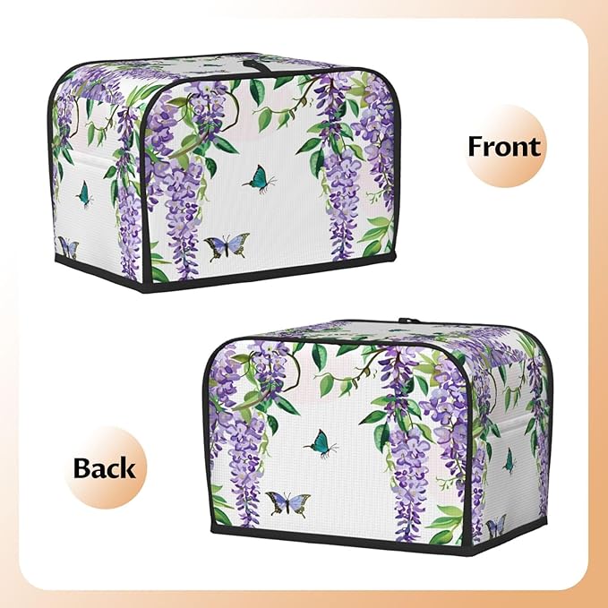 Toaster Cover 2 Slice Spring Purple Wisteria Butterfly Waterproof Appliance Cover with Hang Loop Bread Baker Toaster Cover for Kitchen