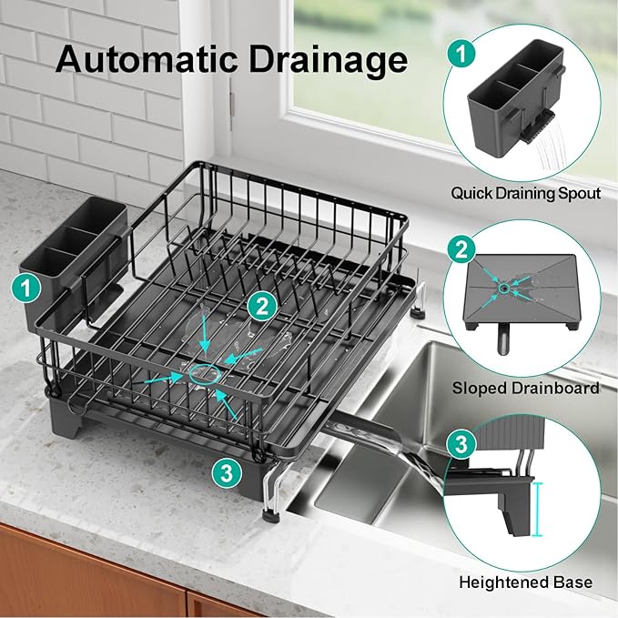 Swedecor Extendable Dish Drying Rack - Large 2-in-1 Dish Racks for Kitchen Counter with Drainboard & Pan Slots, Anti-Rust Over Sink Dish Drainer, 12.6" to 22.4" L x 16.7" W, Black