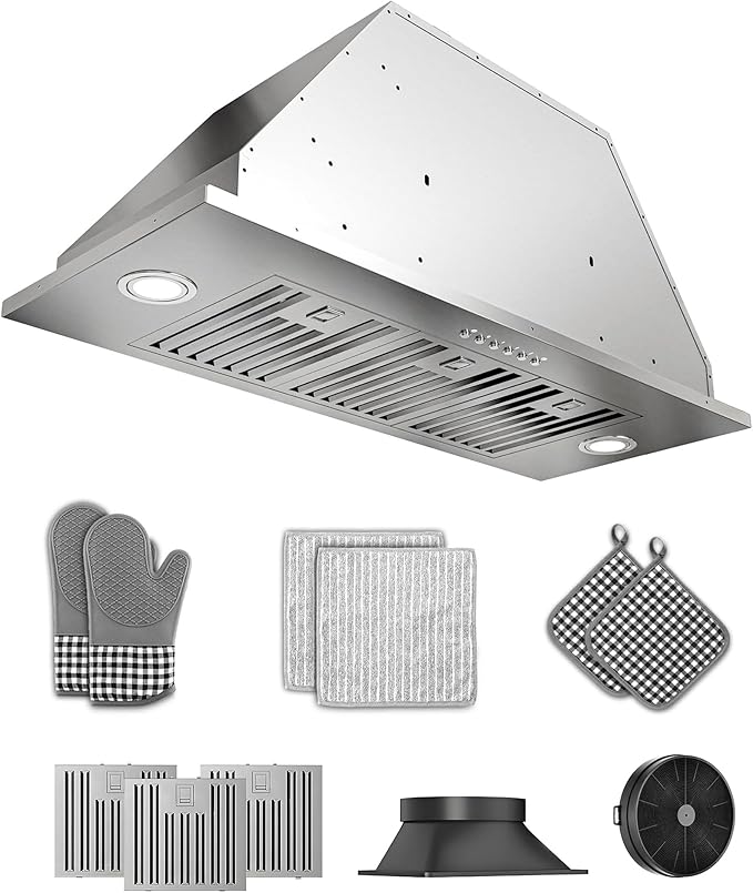 36 inch Stainless Steel Insert Range Hood - 900 CFM, Ultra-Quiet 4-Speed Vent, Button Control, LED Lights, Ducted/Ductless Convertible