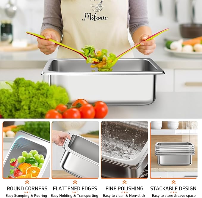 6 Pack Hotel Pans, 1/2 Half Size 4 Inch Deep Steam Table Pan, Stainless Steel Commercial Food Pan Anti Jam Steam Pan, Breading Trays for Hotel, Party, Buffet, Catering Supplies