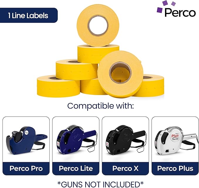 Perco 1 Line Yellow Labels - 32 Rolls, 4 Sleeves, 32,000 Blank Price and Date Gun Labels for Perco Lite, X, Plus and Pro 1 Line Price and Date Guns - Made in USA