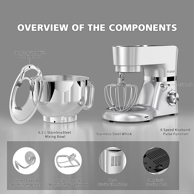 7.5 Quart Electric Mixer, 6+1 Speed 660W Tilt-Head Kitchen Food Mixers with Whisk, Dough Hook, Mixing Beater & Splash Guard for Baking, Cake, Cookie (Silver)