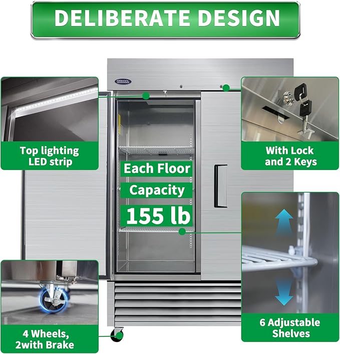 54"W Commercial Reach-in Upright Freezer - Low Noise & Energy Saving, Stainless Steel Freezer, 6 Adjustable Shelves, LED Lighting, 49 Cu.ft, Automatic defrost, Digital Temperature Control