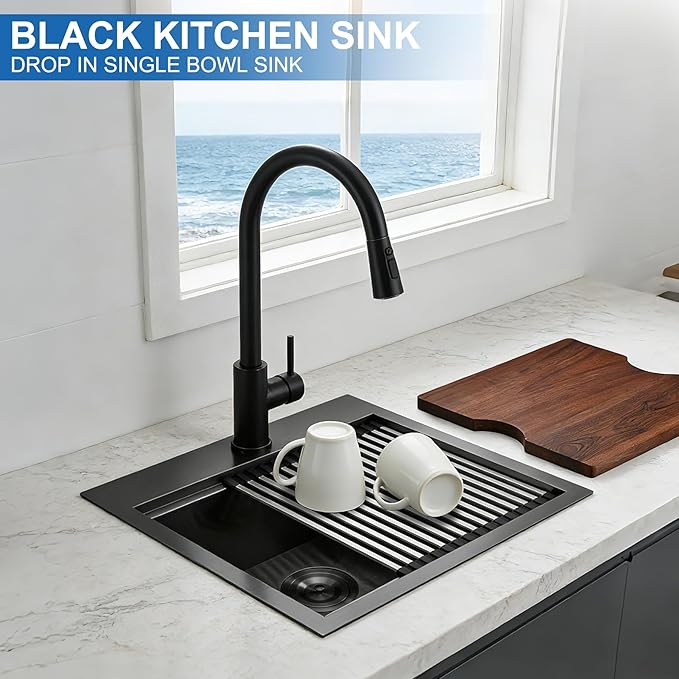 Scamall 17x19x9 Drop In Kitchen Sink Workstation, Nano Black 304 Stainless Steel Deep Single Bowl with Quick Drainage & Tarnish-Free Surface for Bar, Laundry, RV, Includes Accessories