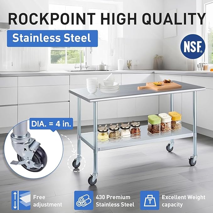 ROCKPOINT Stainless Steel Table for Prep & Work with Caster Wheels 30x72 Inches, NSF Metal Commercial Kitchen Heavy Duty Table with Adjustable Under Shelf and Table Foot for Restaurant, Home and Hotel