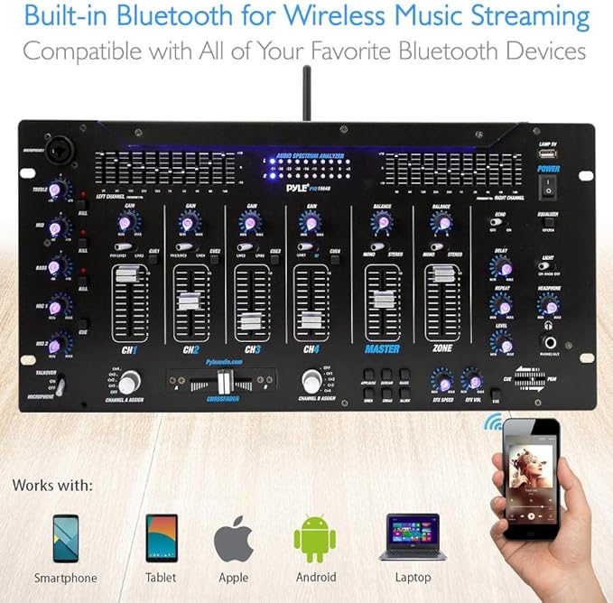 Pyle 6 Channel Mixer DJ Controller with Bluetooth, Professional Sound Digital Mixing System with LED Illumination, Slider Controls, Speed Control, 10 Band Equalizer 5U Rack Mount System - PYD1964B.5