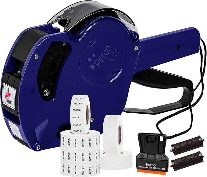 Perco Lite 1 Line Date Gun Kit - Includes 2 White Rolls, 4 Rolls of Best by Labels, 2 Ink Rollers - 1 Ink roll and Labels Pre-Loaded