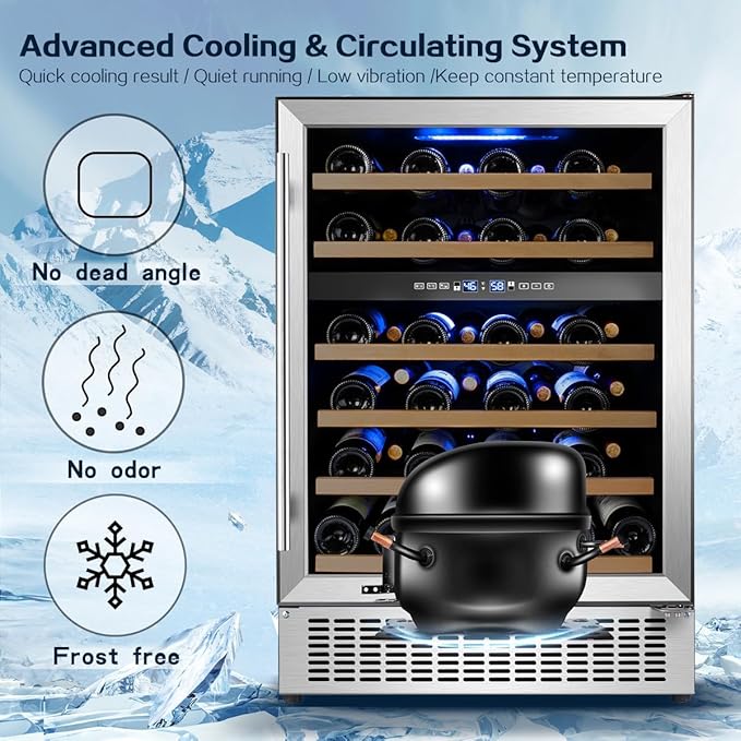 AAOBOSI Wine Fridge - 24-inch Dual Zone Wine Cooler Holds 51 Bottles, 41-64.4°F Wine Cooler Fridge with Digital Touch Screen, Built-in or Freestanding Fridge，for Home，Restaurant, Bar