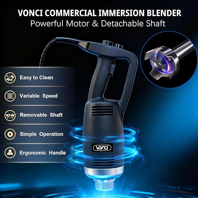 VONCI 750W Commercial Immersion Blender, Handheld Stick Mixer with 18" Detachable Shaft, Variable Speed 8000-19000RPM, Sharp SUS Blade, Extra Heavy Duty Hand Mixer for Restaurant Kitchen.