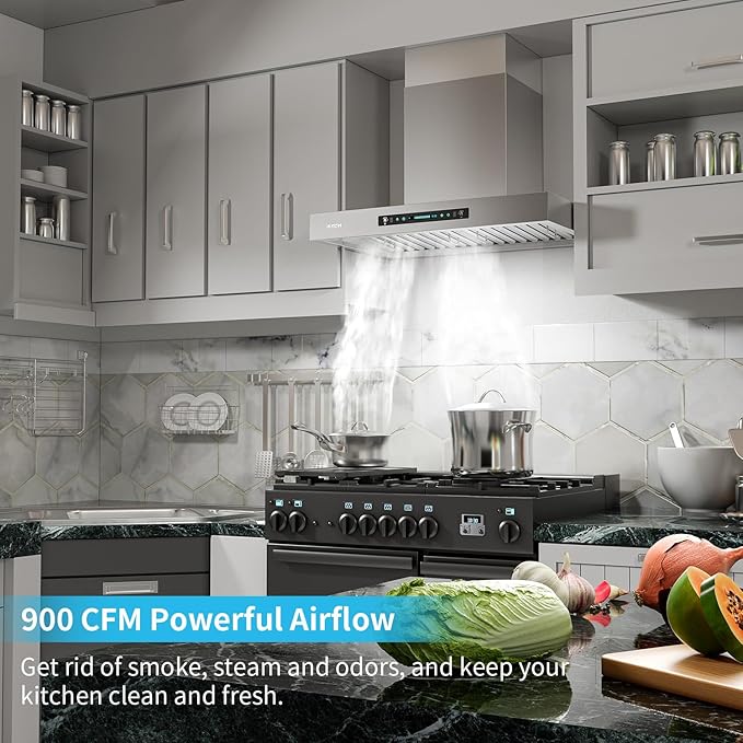 IKTCH 30-Inch Wall Mount Range Hood, 900 CFM Ducted Vent Hood with 4-Speed Fan, Gesture Sensing & Touch Control, Stainless Steel Kitchen Chimney Vent with Adjustable LED Lights