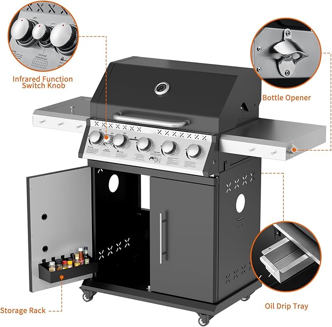 SKOK 5+1 Burners Infrared Grill, Gas Grill with Cast Iron Grates, Outdoor Barbecue Grill 72,000 BTU Output