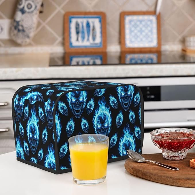 Polyester 2 Slice Toaster Dust Cover, Blue Fire Flame Skulls Fingerprint Protector with Pocket, Washable Kitchen Small Appliance Cover