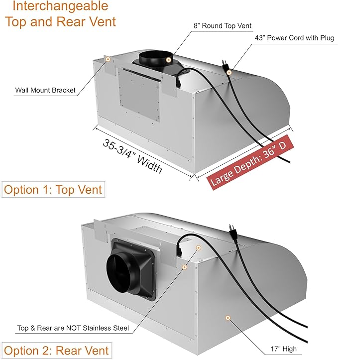 Awoco 36” Outdoor BBQ Vent Hood 17” High Type 304 Stainless Steel, 4 Speeds 1000 CFM, Adjustable LED Lights, 8” Round Top Vent with 24”H Chimney Cover