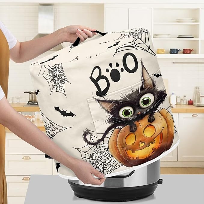 Kitchen Appliance Dust Cover for Portable Air Fryer Round Protective Bag with Top Handle and Storage Pocket 3 Quart Pressure Cooker Cover Halloween Cute Black Cat