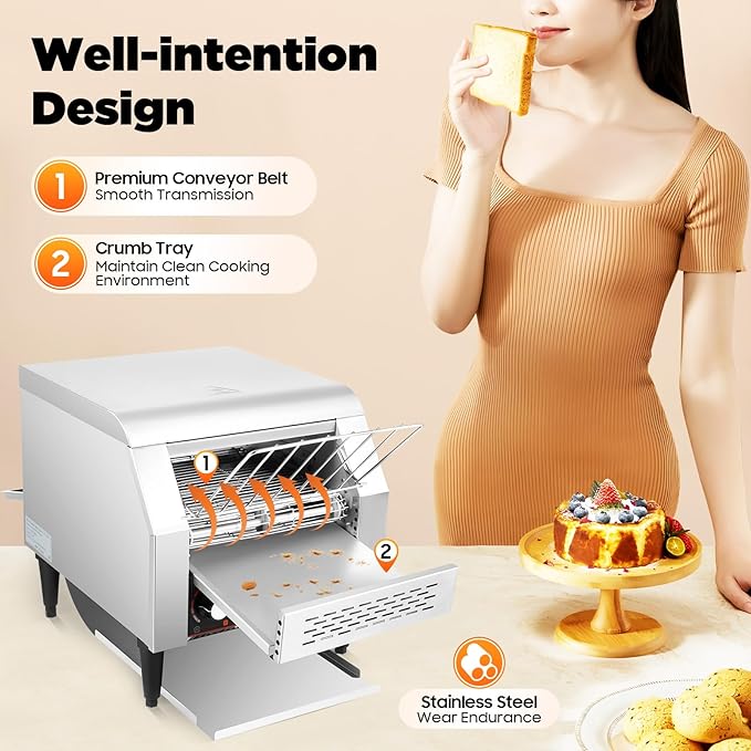 Commercial Conveyor Toaster, 300 Slices/Hour Restaurant Conveyor Toaster with Double Chutes, for Bun Bagel Bread, Heavy Duty Stainless Steel