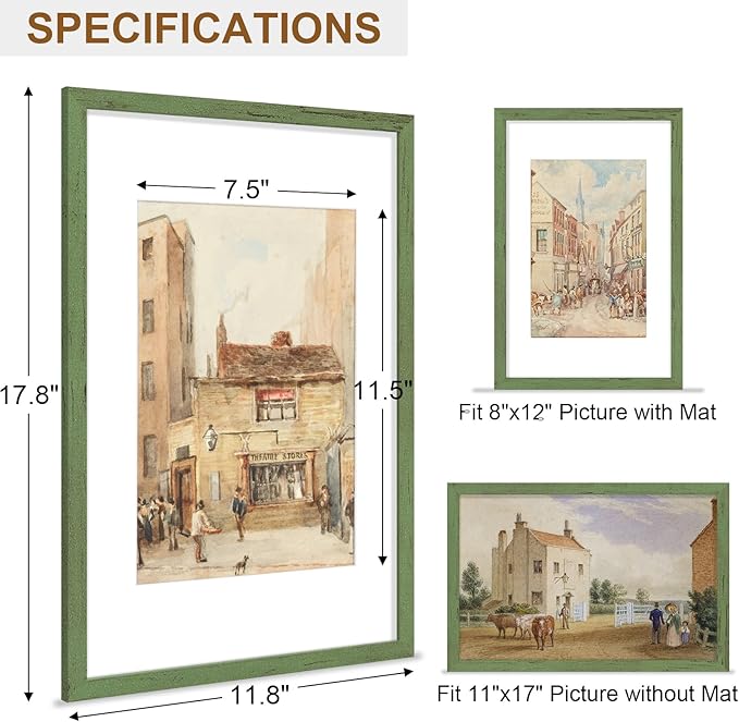Vittanly 11x17 Picture Frame, Solid Wood Frame with Plexiglass, Includes 8x12 Mat, Wall Hanging for Photos, Home Decor, Rustic Green, 1 Pack