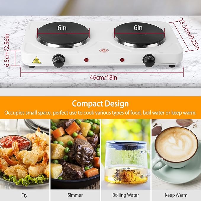 2000W Electric Double Hot Plate Portable Countertop Burner Dual Counter Stove Kitchen Cooktop with 5 Gear Temperature Control for Home RV Camp
