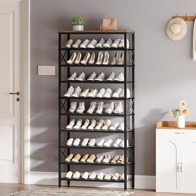 10-Tier Tall Shoe Rack Organizer, Wooden Shoe Storage for Closet Holds 40 Pairs, Sturdy Shoe Shelf with X-Shaped Metal Support, for Entryway, Bedroom, Rustic Brown and Black SS210BR