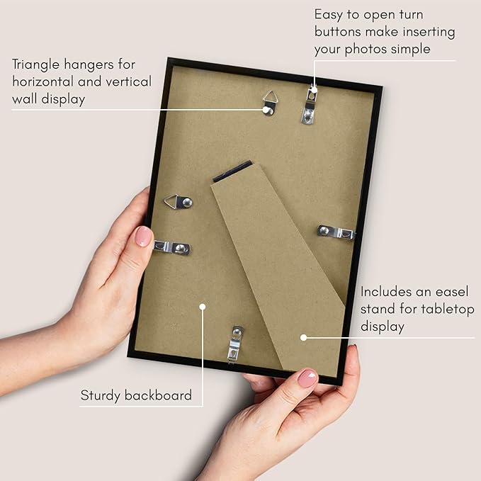 Americanflat 7x10 Picture Frame with Shatter-Resistant Glass - Streamline Collection - Thin Border Photo Frame for Tabletop and Wall Display - Hanging Hardware and Easel Stand Included - Black
