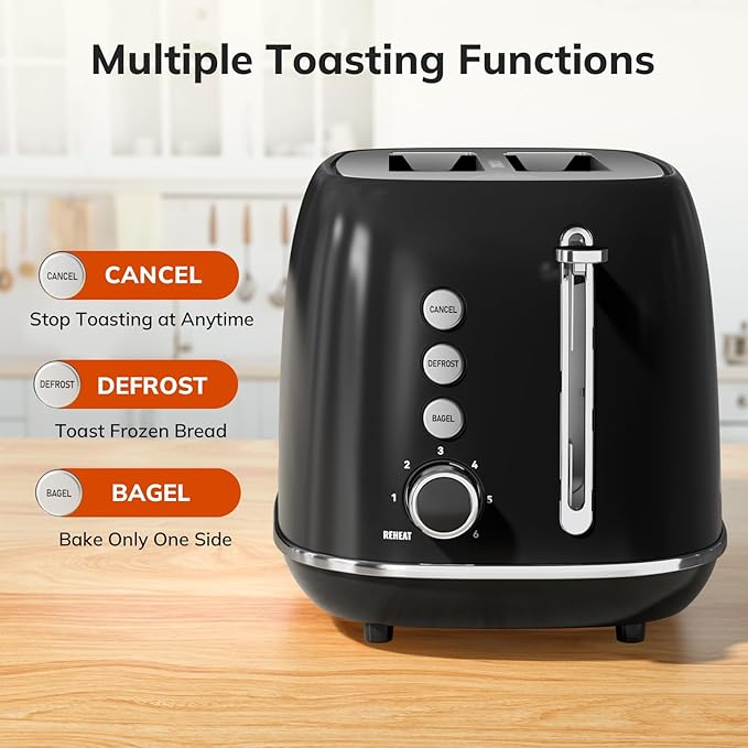 2 Slice Retro Stainless Steel Toaster with Bagel, Cancel, Defrost Function and 6 Bread Shade Settings Bread Toaster, Extra Wide Slot and Removable Crumb Tray (Black)