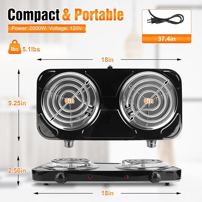 2000W Double Burner Cooktop, Portable Electric Stove, Coil Hot Plate Cooking Stove with 5 Temperature Adjustments, Countertop Burner Cooktop for Camping Home Dorm