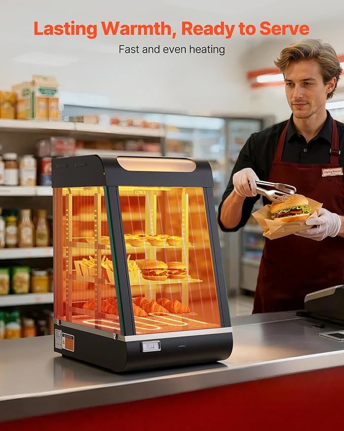 VEVOR 3-Tier Commercial Food Warmer Display, 800W Food Display Warmer with LED Light, Top Storage and Adjustable Shelves, 86℉~185℉ Steam Heating, 60 Qt /57L for Hamburger, Pizza, Bread, Fried Chicken
