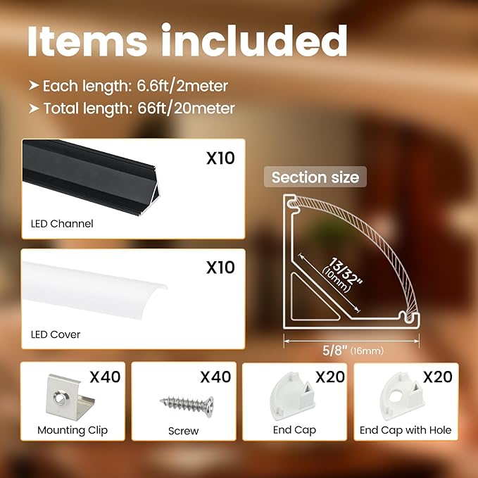 Muzata 10Pack 6.6FT/2M V Shape LED Channel Black Aluminum LED Strip Diffuser Channel with Milky White Cover Corner Lighting Easy Installation V1SW BW 2M